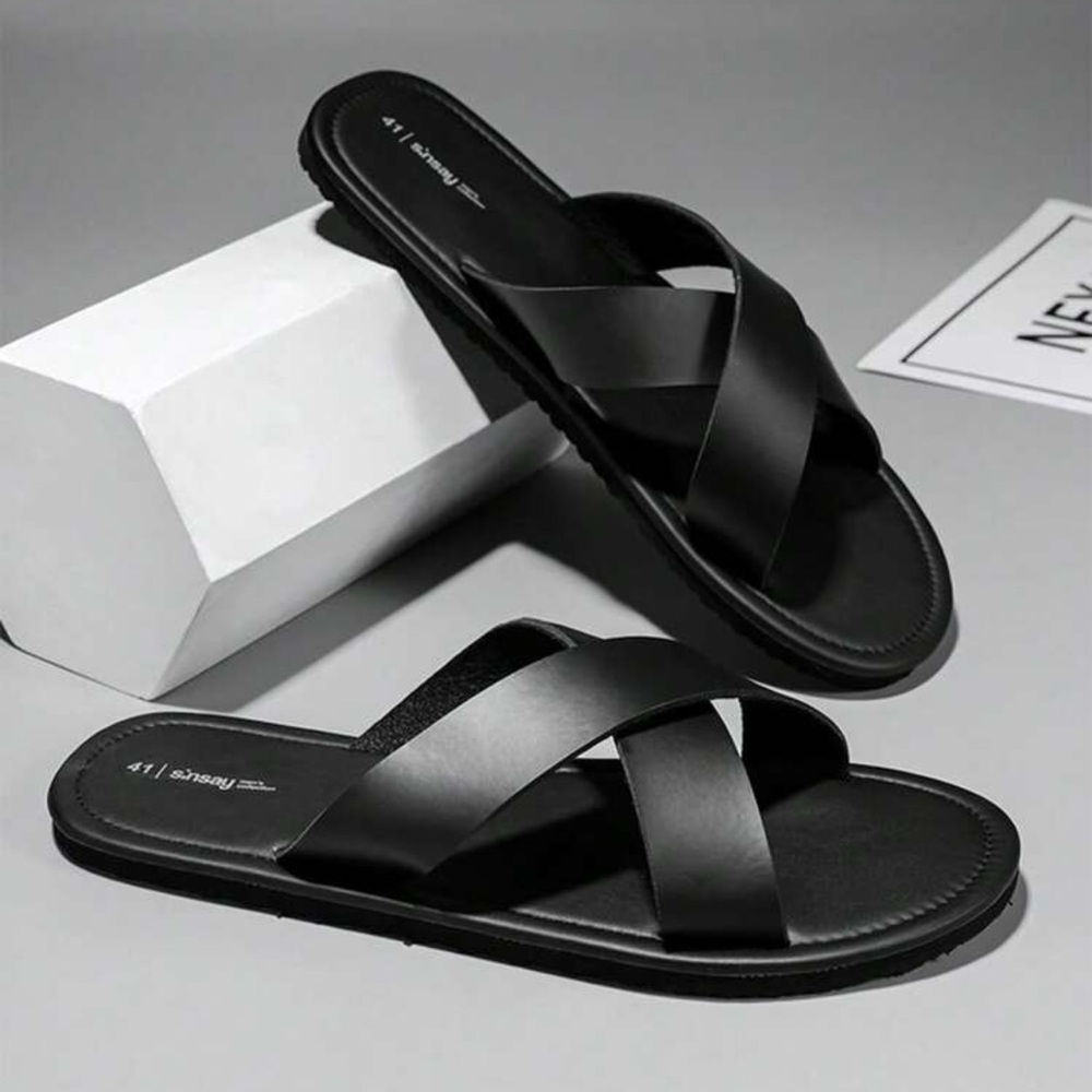 Men's Black Slippers Cross Slippers, Non-Slip Lightweight Flat Casual Sandals